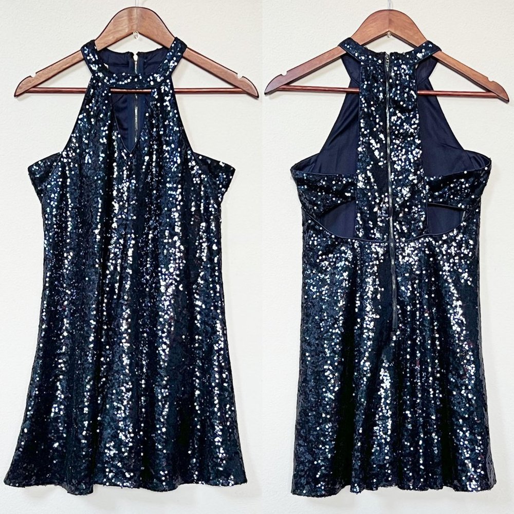 Lulu's Grandeur Navy Blue Sequin Cutout Swing Dress M Sparkly Bling Party $65 - Picture 4 of 16